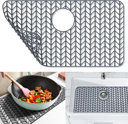 Vista 73 de Protectores de fregadero de cocina de 12 x 11 y 13 x 11 pulgadas, protectores de silicona para fregadero de cocina para la parte inferior del Gris