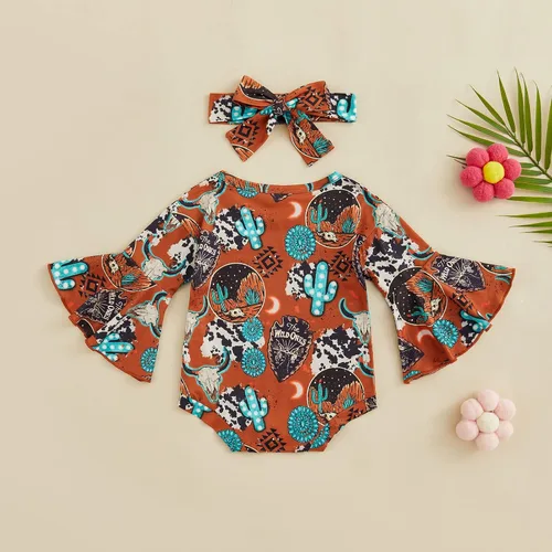 Vista 4 de Kayotuas Mameluco de manga acampanada para bebé niña con estampado de vaca floral con diadema para bebé