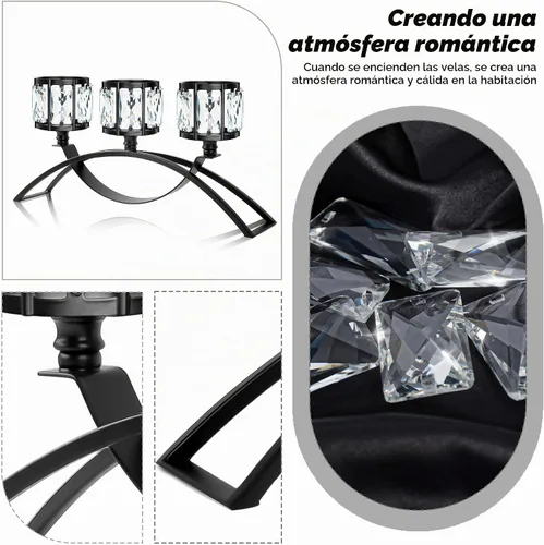 Vista 2 de Candelabro votivo de 3 brazos, candelabros de cristal, centros de mesa de boda para mesas, candelabros de cristal, decoración de mesa (negro)