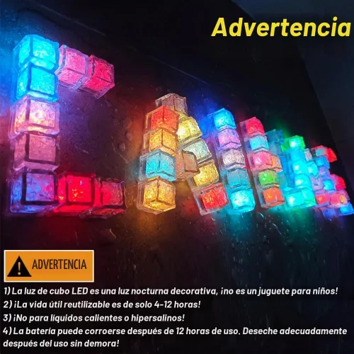 Vista 6 de Paquete de 120 cubitos de hielo iluminados, cubitos de hielo LED que brillan para bebidas con sensor de líquido, luces LED impermeables multicolor