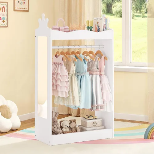 Vista 11 de Curipeer Almacenamiento de disfraces para niños con espejo, armario para niños con almacenamiento y 3 ganchos, armario para niños y niñas