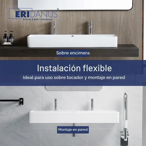 Vista 5 de Eridanus Lavabo de Baño Rectangular 43" x 16", Lavabo Vasija de Cerámica Vítrea de Dos Orificios, Montaje en Encimera y Pared, Lavabo Flotante