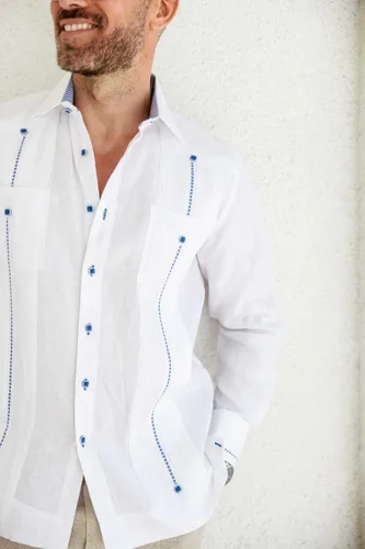 Vista 7 de Mojito Guayabera Camisa Chacabana 100% lino con contraste de manga larga y puño francés