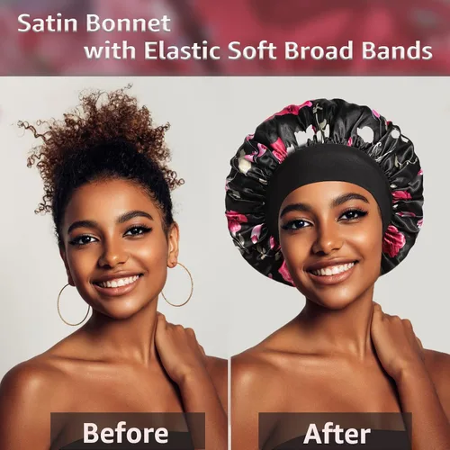 Vista 3 de vidsel 4 gorros de satén para mujer, gorro de seda para dormir, gorra de dormir de banda ancha para trenzas de cabello rizado