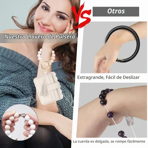 Vista 5 de Cartera de pulsera para mujer con llavero – Tarjetero RFID pequeña cartera con llavero Beige