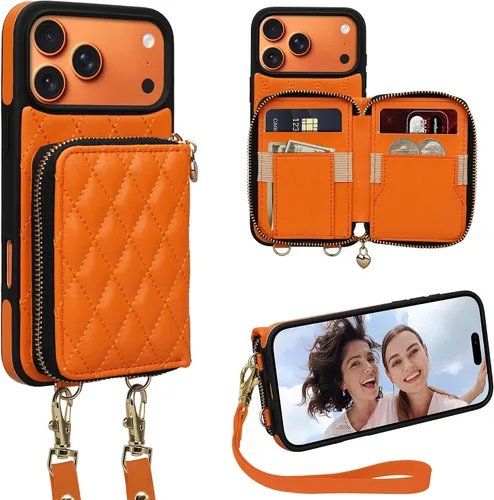 Vista 47 de Funda para iPhone 12 Pro/iPhone 12 de 6.1 pulgadas, cartera cruzada con cremallera para mujer, tarjetero con bloqueo RFID, funda de cuero con Negro