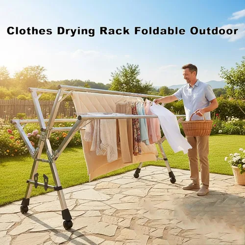 Vista 4 de This Foldable Stainless Steel Clothes Rack, Telescopic Laundry Drying Hanger, Expandable Folding Garment Rack for Indoor Outdoor, Space-Saving Heavy