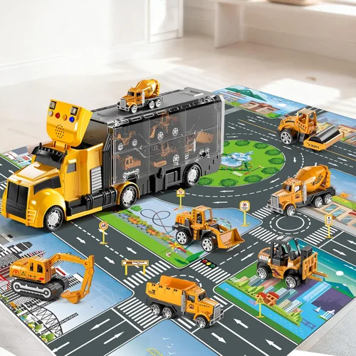 Vista 2 de NIPLOOOW Juego de juguetes de camiones de construcción con alfombra de juego, juego de vehículos de transporte de camiones para niños de 3, 4, 5 y 6