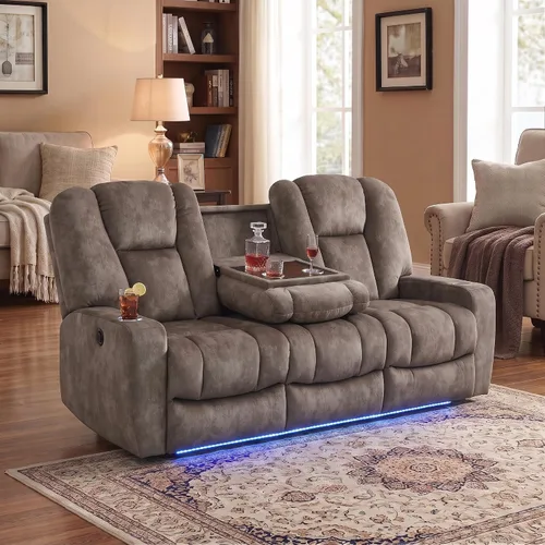 Vista 39 de Sofá reclinable con luces LED, sofá reclinable de cuero con dos asientos reclinables/puerto USB/consola de almacenamiento/soporte para vasos
