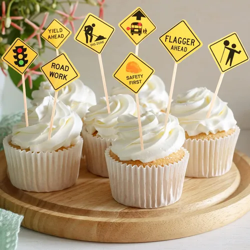 Vista 4 de Outus 100 piezas de decoración para cupcakes de construcción, letreros de tráfico, decoración de tartas de cumpleaños, decoración de cupcakes
