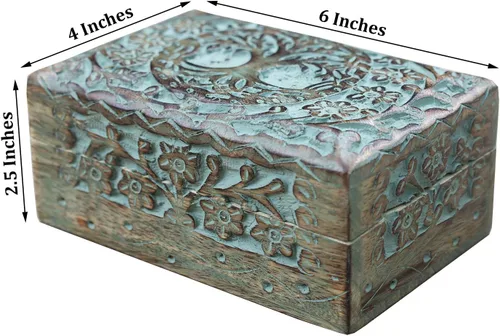 Vista 2 de DharmaObjects Caja de almacenamiento de madera tallada a mano (6 x 4 pulgadas, verde)