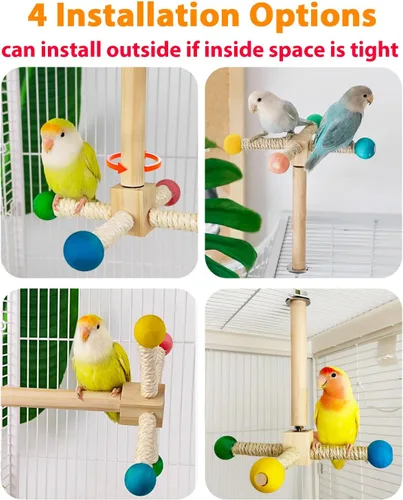 Vista 6 de Juguete de percha para pájaros, juguetes interactivos giratorios para periquitos, rueda de ejercicio de madera, juguete de loro, juguete