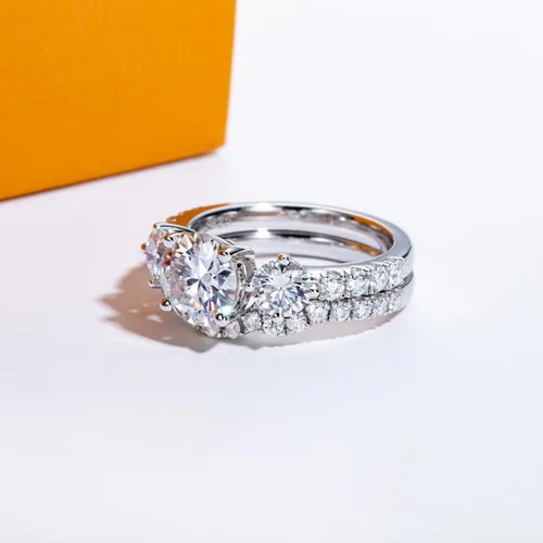 Vista 4 de AimiIee Juego de anillos de boda de moissanita, 3.7 CTTW color D, claridad VVS1, redondo, talla brillante, diamante de moissanita S925, anillos