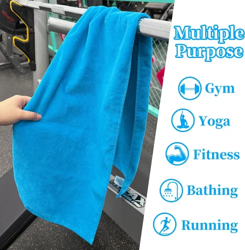 Vista 5 de Juego de 2 toallas deportivas de algodón para gimnasio, 12 x 45 pulgadas, absorbentes, transpirables, de 430 GSM, suaves, toalla deportiva para Azul