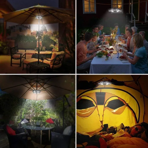 Vista 2 de OYOCO Luz para sombrilla de patio, 3 modos de brillo, inalámbrica, 28 luces LED a 200 lúmenes, 4 pilas AA, luz de poste para sombrilla de patio