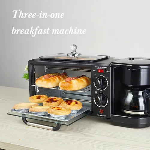 Vista 6 de Máquina de desayuno casera multifuncional 3 en 1, mini horno, cafetera (negro)
