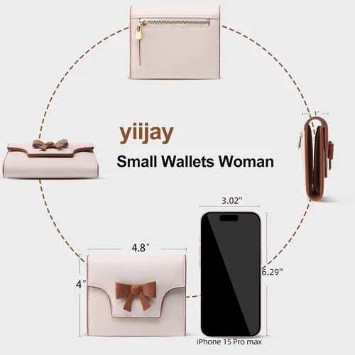 Vista 4 de yiijay Cartera pequeña para mujer, lindo lazo con bloqueo RFID, plegable, de cuero, tarjetero, compacto, con bolsillo con cremallera