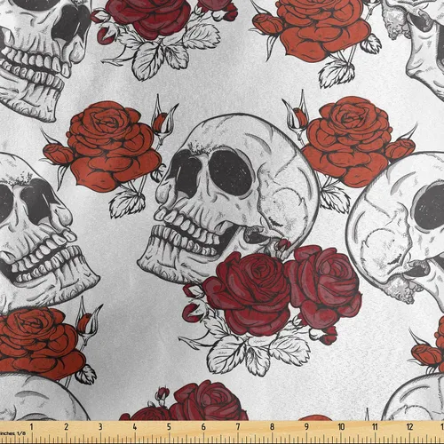 Vista 115 de Ambesonne The Yard, tela de calavera colorida con temática de Halloween, diseño de calavera y huesos cruzados, divertido estampado de dibujos