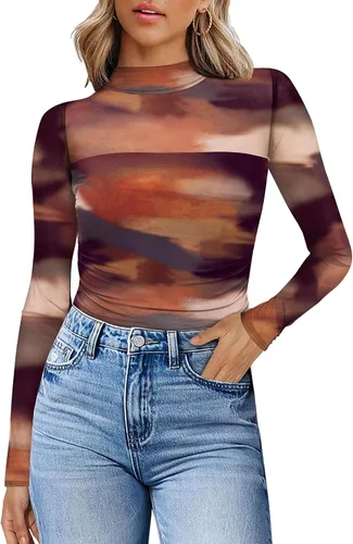 Vista 16 de Camisas de manga larga de malla sexy para mujer, ropa de moda, cuello de tortuga, drapeada, para salir, trajes de otoño, blusas ajustadas Negro