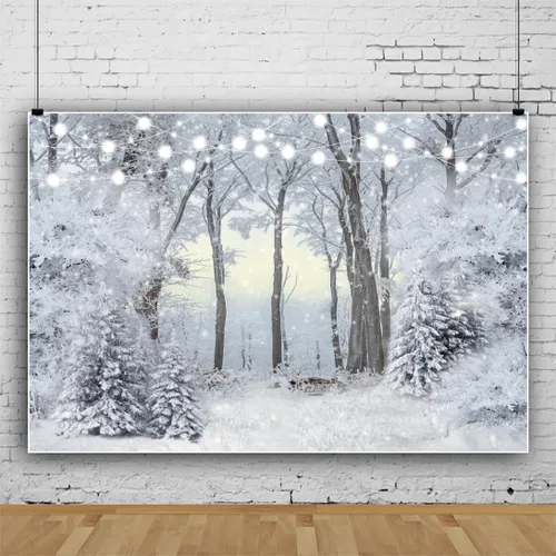 Vista 2 de Telón de fondo de escena de nieve de 12 x 10 pies para fotografía, bosque de pinos de invierno, fondo para vacaciones, Navidad, Año Nuevo