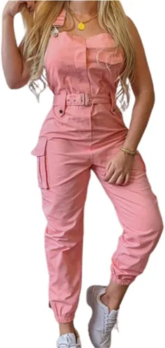 Vista 2 de Overol con bolsillos de estilo cargo, sin mangas, para mujer, con correas ajustables, bolsillos, con cinturón, pantalones elásticos, estilo casual
