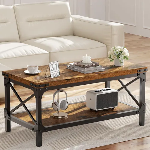 Vista 8 de Mesa de café rectangular para sala de estar, mesa de café rectangular de madera, mesa central industrial moderna de 2 niveles con tablero engrosado