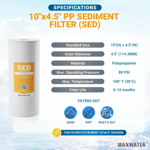 Vista 2 de Max Water Cartucho de filtro de agua de repuesto para toda la casa de 1 micrón, 10 x 4.5 pulgadas, compatible con DGD-5005, AP810, WFHD13001B