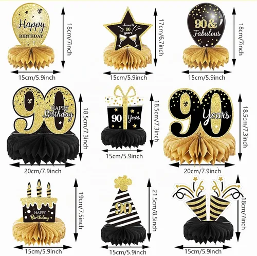 Vista 2 de 9 piezas de decoración de cumpleaños número 90 para centros de mesa de cumpleaños de 90 años para decoración de mesas, decoraciones de nido de abeja