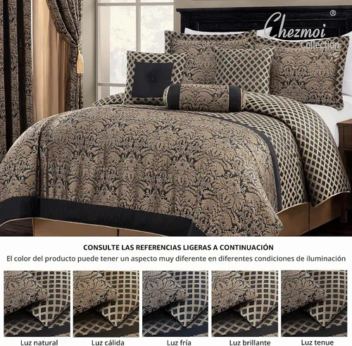 Vista 4 de Chezmoi Collection Juego de edredón Jacquard Floral de 7 piezas, color negro y dorado, con medallón de diamante, tamaño Queen Negro/Marrón Floral