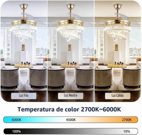 Vista 4 de CLAIRDAI Ventilador de techo de 42" de oro con candelabro de cristal y luces con APP y control remoto, lámparas regulables, 3 cambios