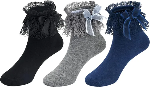 Vista 3 de Calcetines con volantes para niñas pequeñas, calcetines de encaje con lazo, 6 pares