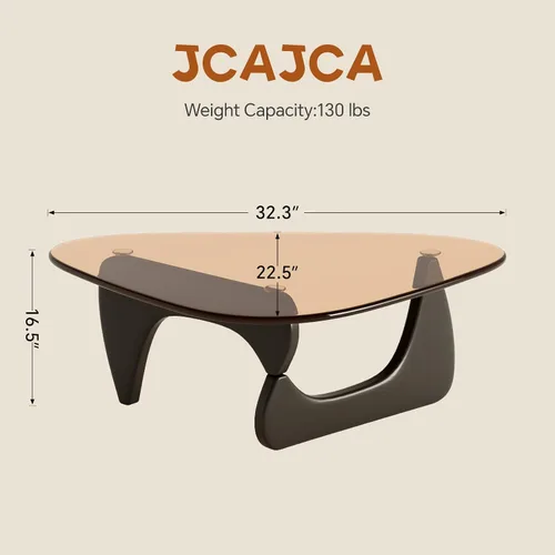 Vista 2 de Mesa de café para sala de estar, mesa central moderna de mediados de siglo con tapa de vidrio y madera, marrón/negro