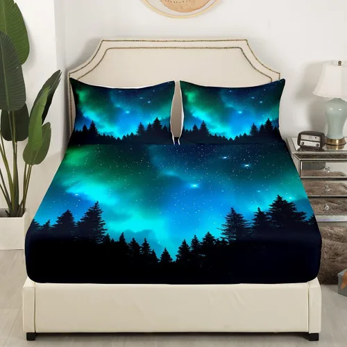 Vista 3 de Erosebridal Juego de sábanas de tamaño individual de galaxia con luces polares verde azulado para niños, noche oscura, cielo estrellado, sábana