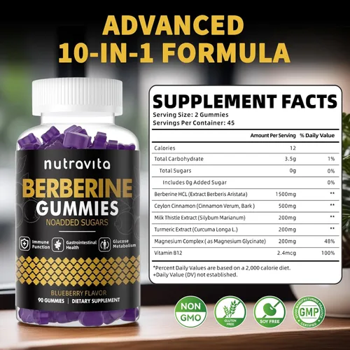 Vista 2 de Nutravita Gomitas de berberina con canela de Ceilán, 1500 mg de berberina de alta potencia, suplemento para apoyo inmunológico y metabolismo