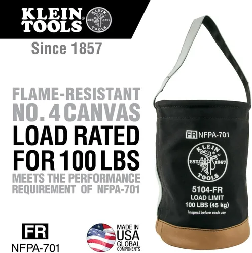 Vista 2 de Klein Tools Cubo de lona 5104FR, cubo de herramientas resistente al fuego hecho de lona n.º 4, con parte inferior doble reforzada, carga nominal