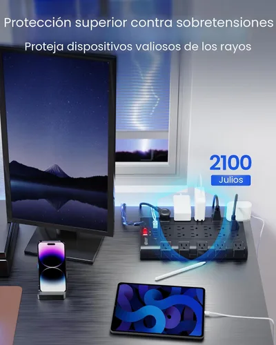 Vista 5 de Regleta de alimentación, SUPERDANNY - Protector contra sobretensiones con 22 tomas de corriente AC y 6 puertos de carga USB, 1875 W/15 A, 2100