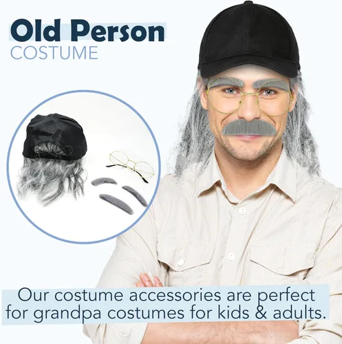 Vista 2 de 4E's Novelty Kit de disfraz de anciano para niños y adultos, incluye sombrero con peluca, gafas, bigote adhesivo y cejas, disfraz del día 100