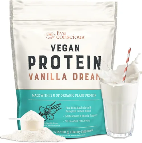 Vista 6 de Live Conscious Cosmic Cacao - Proteína en polvo vegana orgánica, sabor a chocolate, mezcla a base de plantas, proteína de guisante, arroz integral