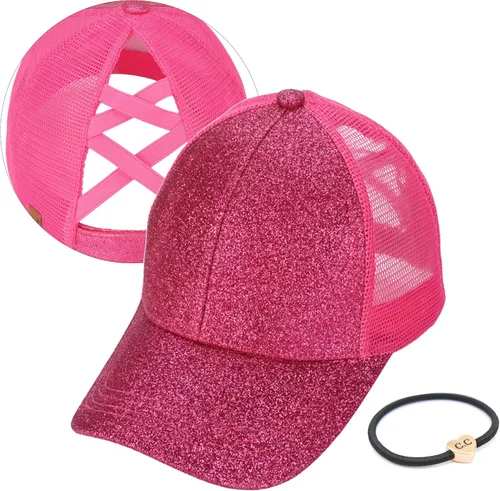 Vista 14 de C.C Gorra de béisbol de malla con diseño de estrella brillante, gorra de camionero ajustable para moño o cola de caballo Una banda elástica-negro