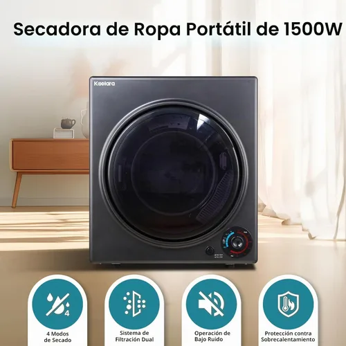Vista 2 de Secadora Portátil de 3.5 pies cúbicos, secadora compacta de 1500 W con tambor de acero inoxidable, 4 modos de secado, protección contra