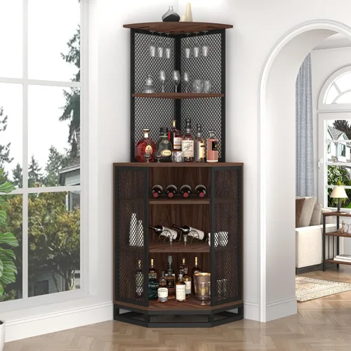Vista 12 de IBF Armario esquinero de 71 pulgadas de alto para vino con soporte para vidrio, almacenamiento de licor industrial de 5 niveles con estante