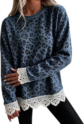 Vista 26 de Fall Sweatshirts for Women Crewneck Scalloped Lace Trim Cute Pullover Tops Lightweight Long Sleeve Polka Dot Sweatshirt,Oversized Leopard Print A