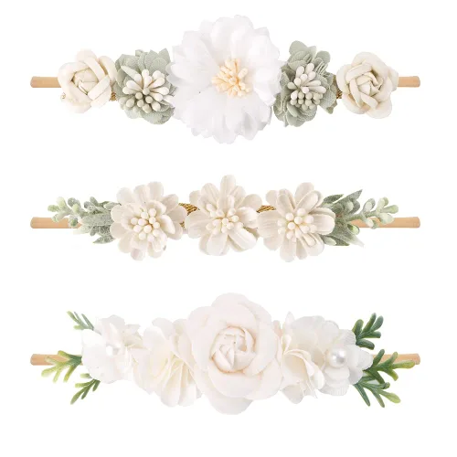Vista 16 de cherrboll 3 diademas de flores para bebé, súper suaves y elásticas, de nailon, para recién nacidas