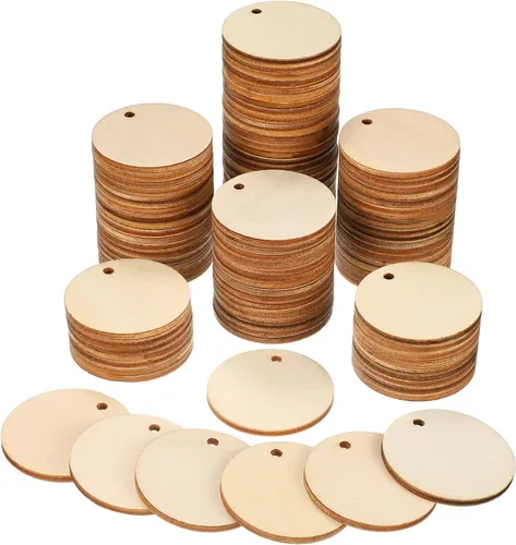 Vista 9 de 100 piezas de discos de madera redondos sin terminar con orificios para manualidades, discos de madera circulares en blanco para bricolaje, cortes