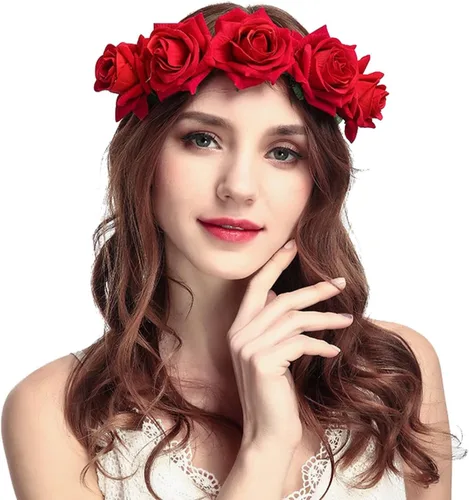 Vista 22 de Diadema de corona floral rosa guirnalda de flores para festival de boda Negro