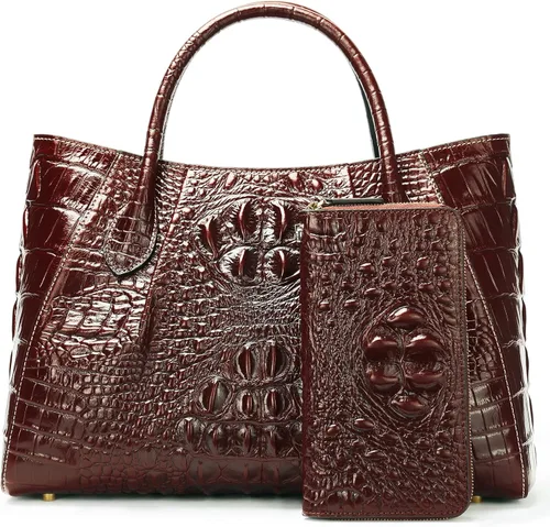 Vista 6 de NIUCUNZH Carteras de cocodrilo para mujer, cartera de cuero con pulsera, diseño elegante, gran capacidad, bloqueo RFID, Marrón