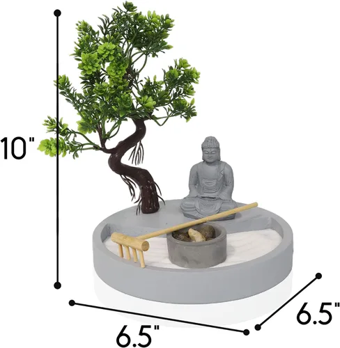 Vista 3 de Portavelas Zen Garden de forma redonda, con una mini estatua de Buda y un árbol bonsái, un arte japonés perfecto para relajación y meditación