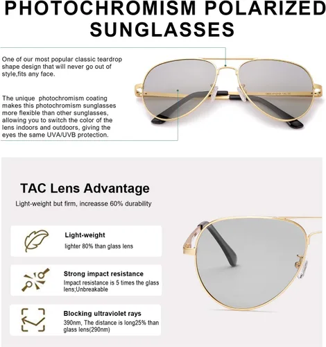 Vista 3 de Gafas de sol fotocrómicas polarizadas para hombre, gafas de sol deportivas de aviador, protección UV 400 con marco de metal grande