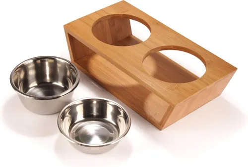 Vista 6 de BambooMN Comedero elevado para perros, soporte 100% bambú, 4 cuencos de metal para alimentos y agua, pequeño