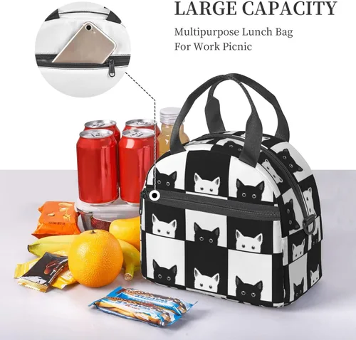 Vista 6 de Bolsa de almuerzo para gatos blancos y negros con correa ajustable para el hombro para mujeres y hombres, lonchera reutilizable, a prueba de fugas